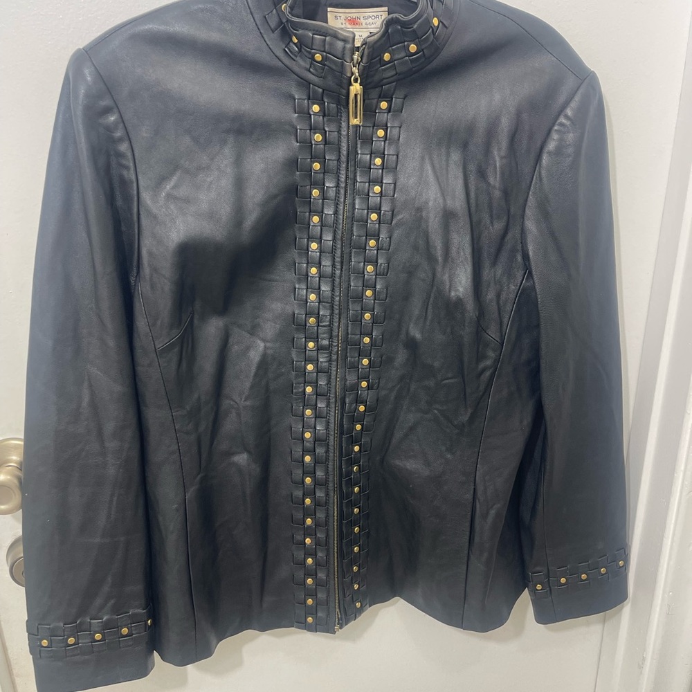 Black ST JOHN SPORT Leather Jacket with Gold Accents - Picture 8 of 9